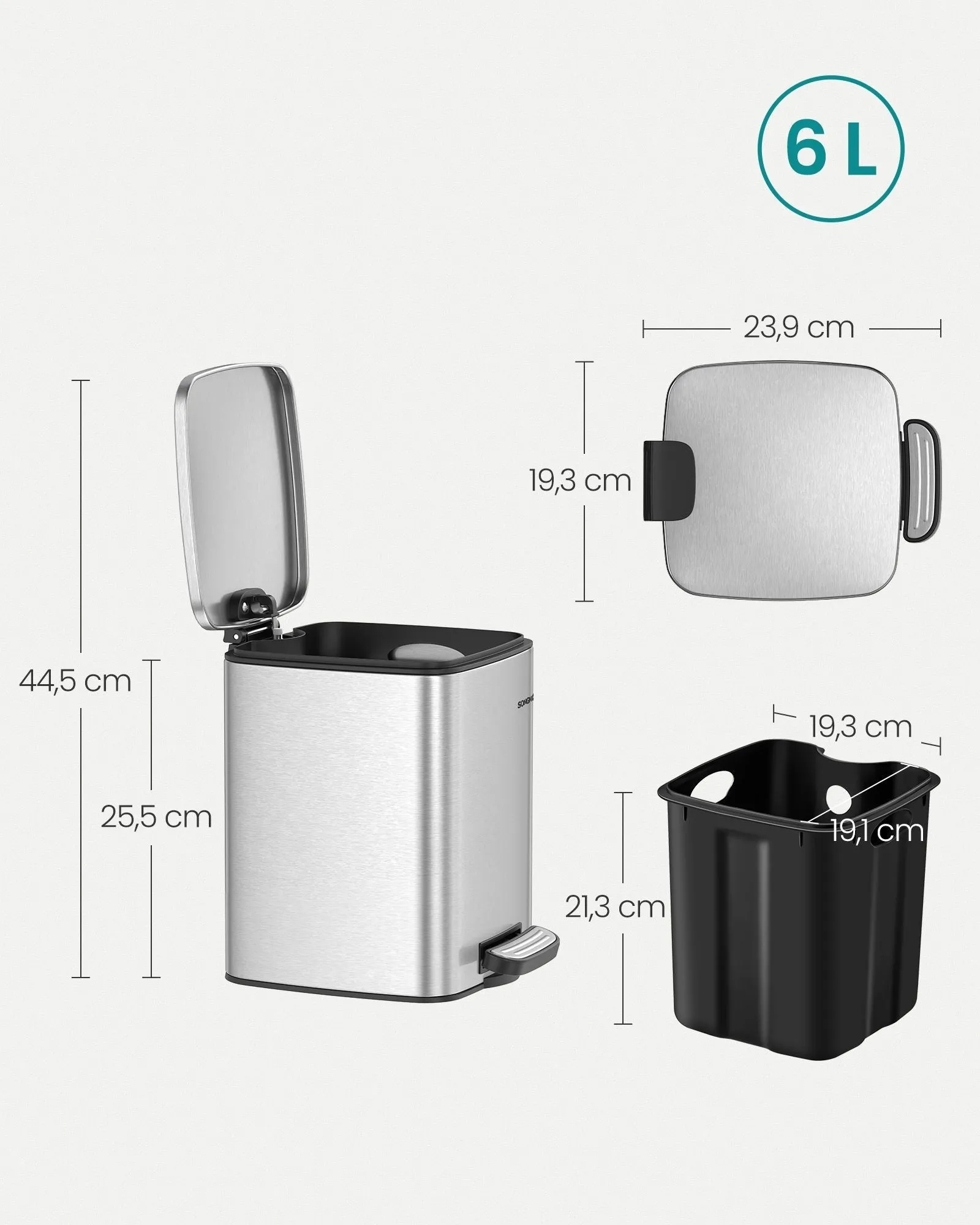 Rootz Metallic Silver Cosmetic Bin - Makeup Bin - Steel Outer Container - PP Inner Bucket - ABS Base - Large 23.9cm x 19.3cm x 25.5cm