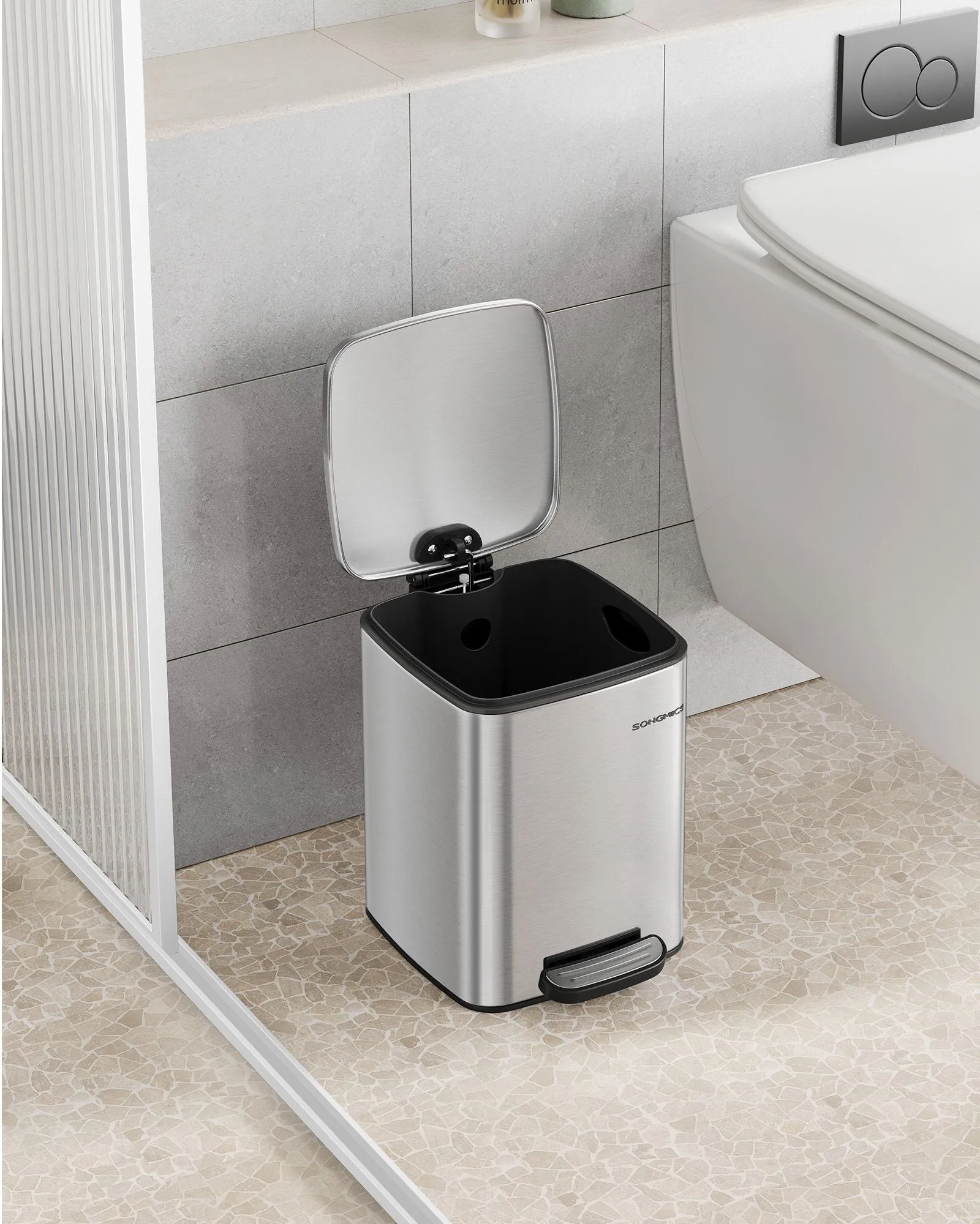 Rootz Metallic Silver Cosmetic Bin - Makeup Bin - Steel Outer Container - PP Inner Bucket - ABS Base - Large 23.9cm x 19.3cm x 25.5cm