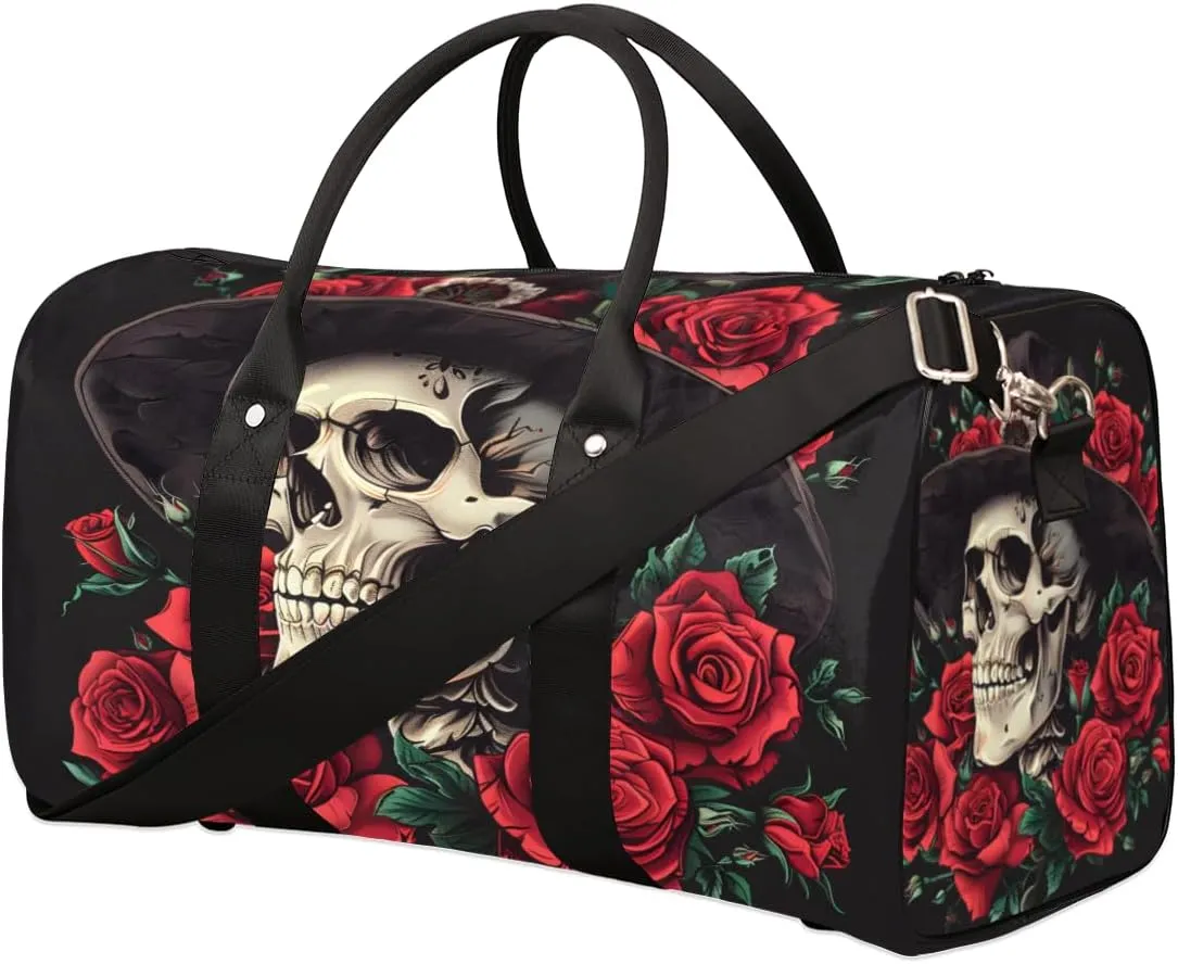 Rose Skull Travel Duffle Bag for Women Men Gym Duffel Foldable Bag Waterproof Weekender Gothic Style Duffle Tote