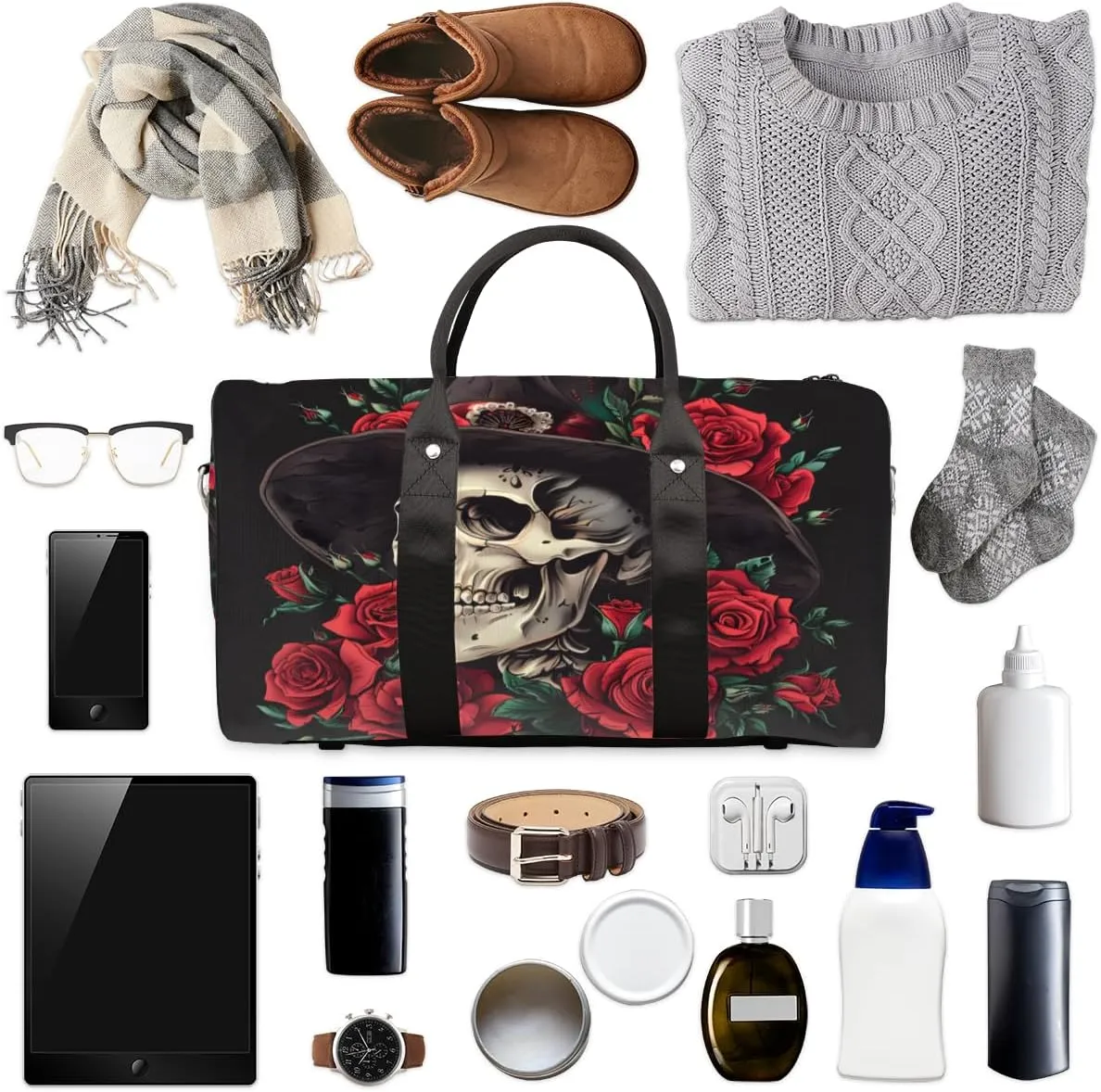 Rose Skull Travel Duffle Bag for Women Men Gym Duffel Foldable Bag Waterproof Weekender Gothic Style Duffle Tote