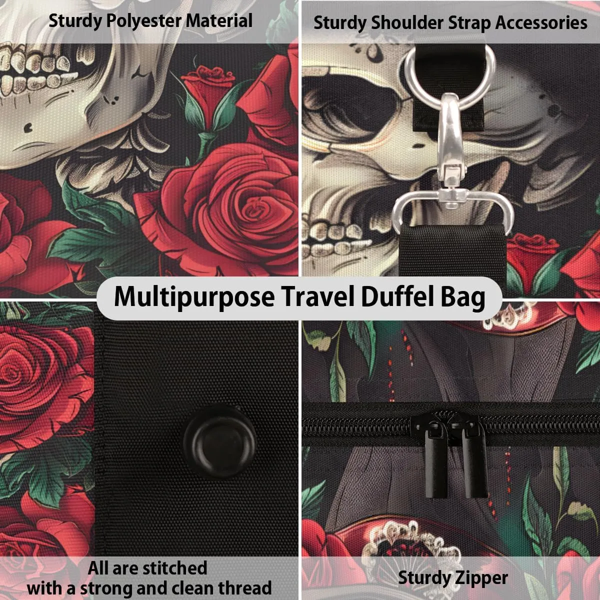 Rose Skull Travel Duffle Bag for Women Men Gym Duffel Foldable Bag Waterproof Weekender Gothic Style Duffle Tote