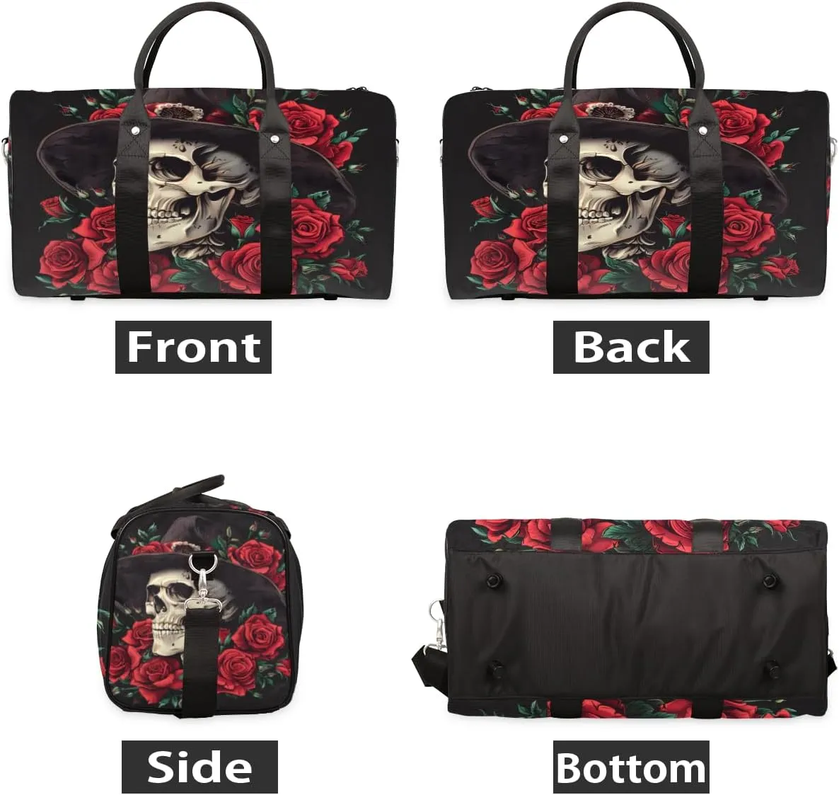 Rose Skull Travel Duffle Bag for Women Men Gym Duffel Foldable Bag Waterproof Weekender Gothic Style Duffle Tote
