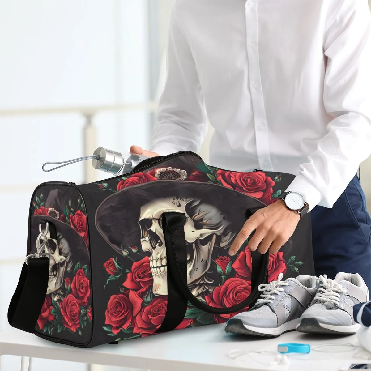 Rose Skull Travel Duffle Bag for Women Men Gym Duffel Foldable Bag Waterproof Weekender Gothic Style Duffle Tote