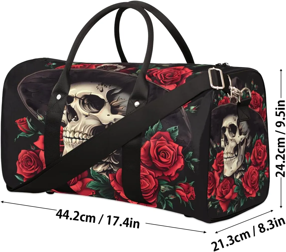 Rose Skull Travel Duffle Bag for Women Men Gym Duffel Foldable Bag Waterproof Weekender Gothic Style Duffle Tote
