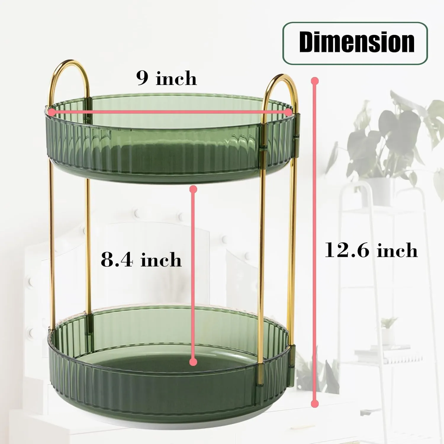 Rotating Makeup Organizer Countertop 2 Tier Lazy Susan Trays Clear Skincare Perfume Storage for Bathroom Counter Vanity, Green Gold