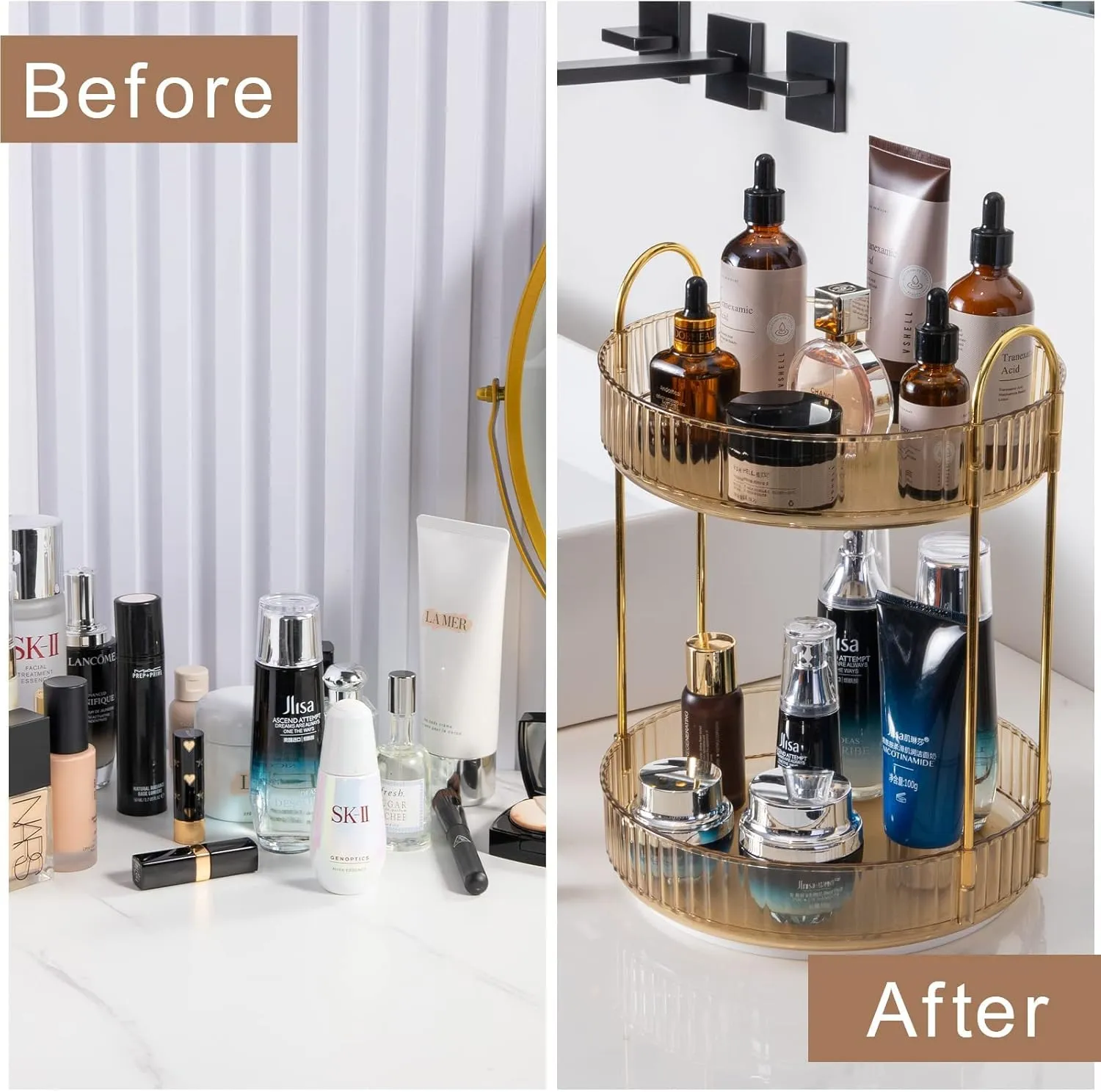 Rotating Makeup Organizer for Vanity, High-Capacity Skincare Clear Make Up Storage Perfume Organizers Cosmetic Dresser Organizer Countertop 360 Spinning (Gold, 2 Tier)