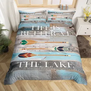 Rustic Lake Cabin Duvet Cover Lake Paddle Decor Comforter Cover Twin For Lake Lovers, Lakeside Camp Rv Decor Bedding Set & 1 Pillowcase,Vintage Wooden Board Farmhouse Lake House Decor, Grey Blue