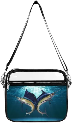 Sailfish and Marlin Clear Stadium Bag Clear Messenger Bag Shoulder Bag with 2 Compartments Clear Crossbody Bag