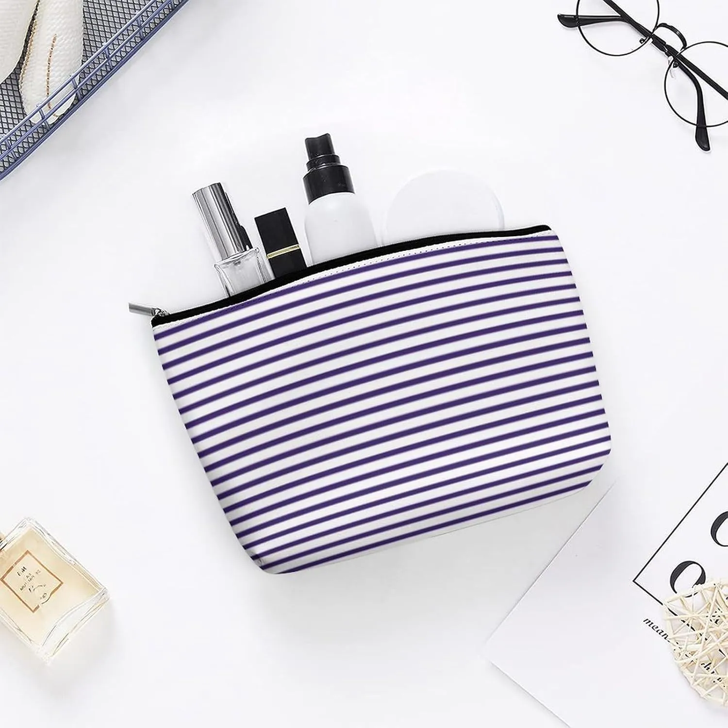 Sailor Stripes - Navy Blue and White Cosmetic Bag, Travel Portable Makeup Bag for Purse Pouch Beauty Zipper Organizer Toiletry Bag for Women