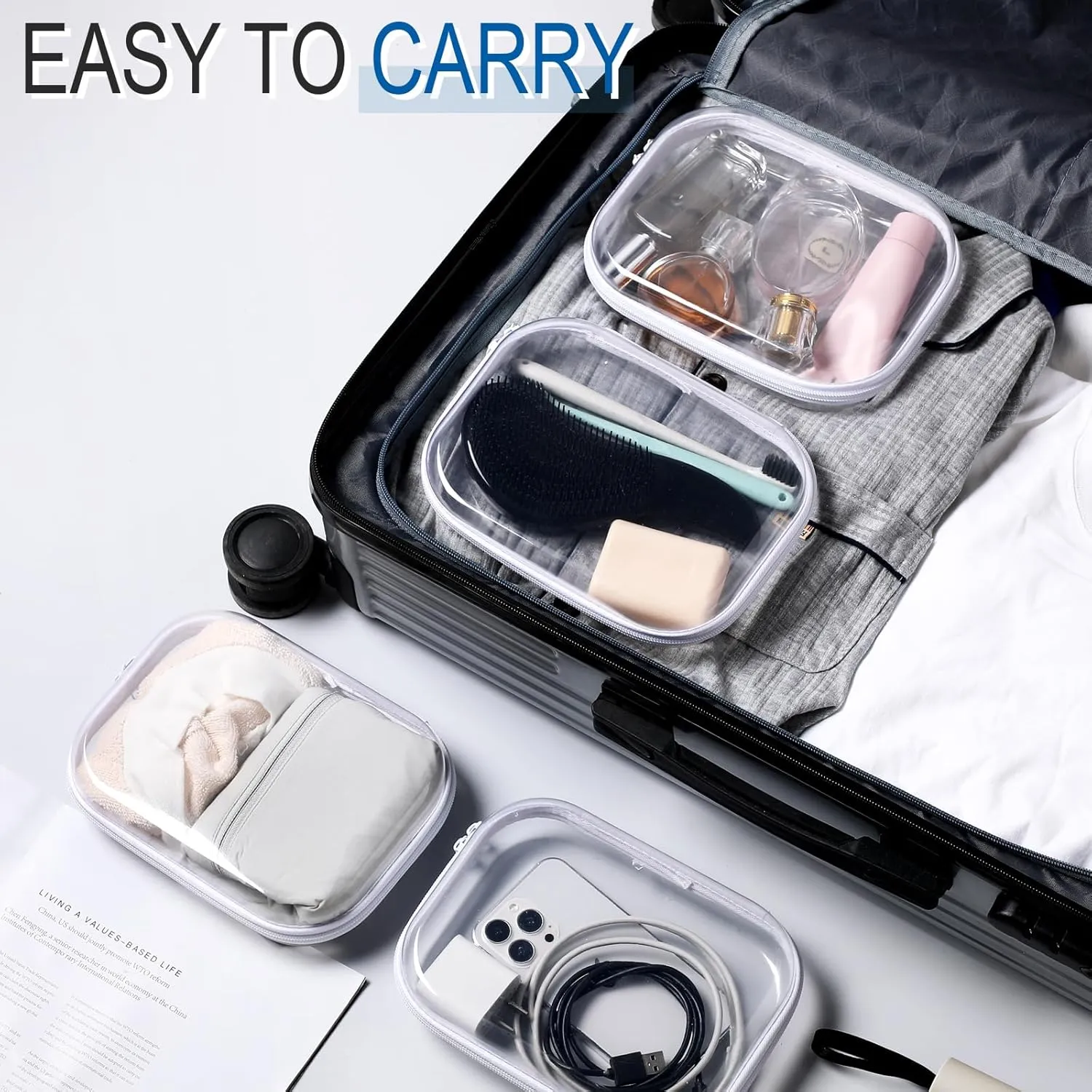 Sanwuta 6 Pcs Clear Hard Zipper Case Hard Plastic Zipper Pouches Makeup Bag Transparent Cases for Snacks Plastic Storage Organizer Portable Box for Travel