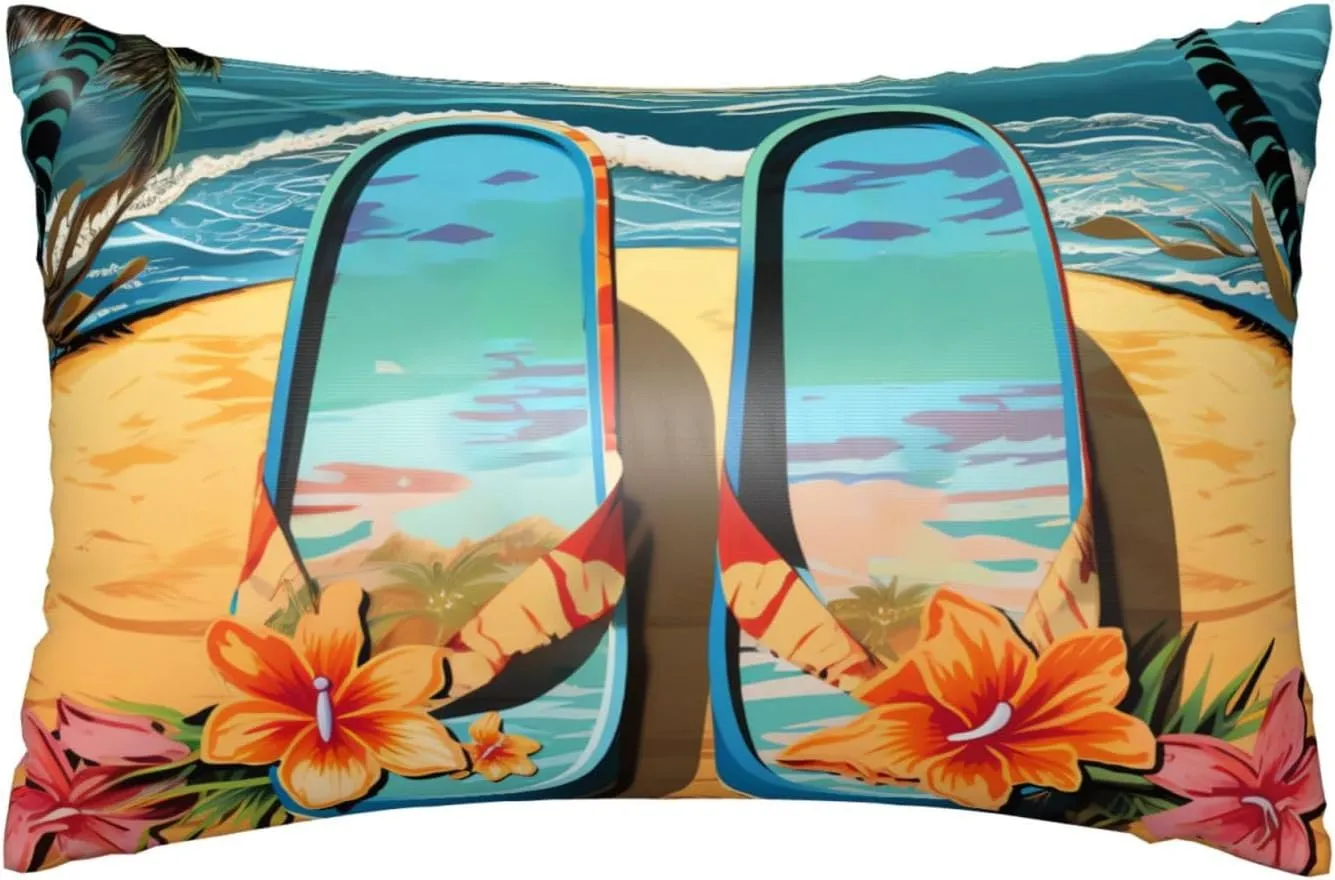 Satin Pillowcase for Hair and Skin Flip Flops and Tropical Beach Scene Silk Pillowcases Soft Breathable Pillow Covers Cooling Smooth Cushion Cover with Hidden Zipper for Bedroom Sofa 20" X 30"