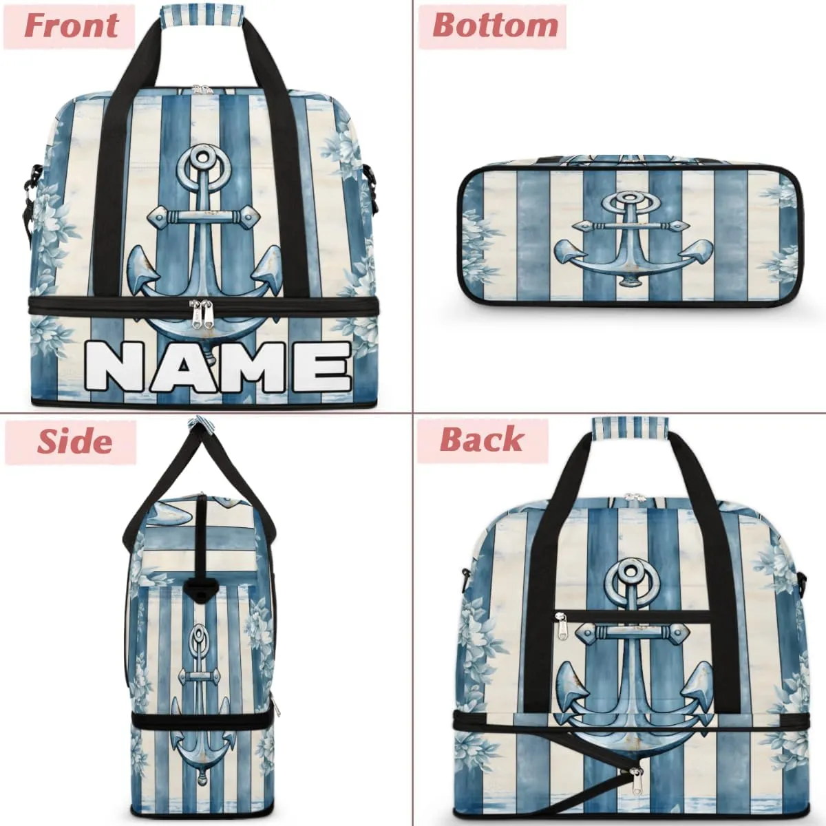 Sea Anchor Theme Custom Foldable Duffle Bag with Shoes Compartment Personalized Large Capacity Waterproof Travel Weekender Bag Overnight Bag for Sports Gym