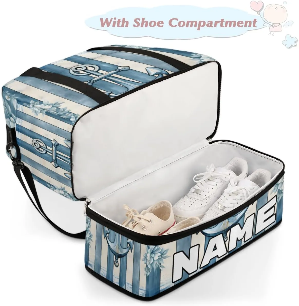 Sea Anchor Theme Custom Foldable Duffle Bag with Shoes Compartment Personalized Large Capacity Waterproof Travel Weekender Bag Overnight Bag for Sports Gym