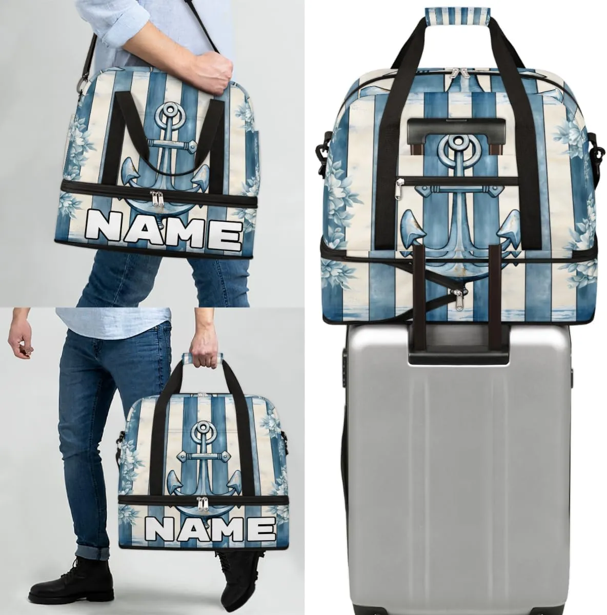 Sea Anchor Theme Custom Foldable Duffle Bag with Shoes Compartment Personalized Large Capacity Waterproof Travel Weekender Bag Overnight Bag for Sports Gym