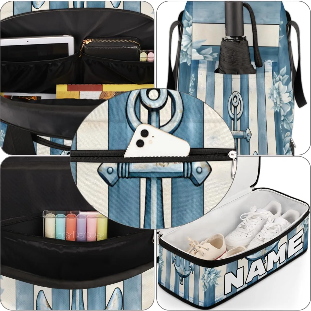 Sea Anchor Theme Custom Foldable Duffle Bag with Shoes Compartment Personalized Large Capacity Waterproof Travel Weekender Bag Overnight Bag for Sports Gym