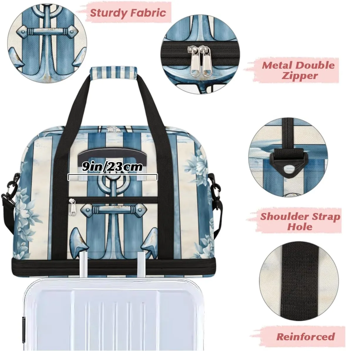 Sea Anchor Theme Custom Foldable Duffle Bag with Shoes Compartment Personalized Large Capacity Waterproof Travel Weekender Bag Overnight Bag for Sports Gym