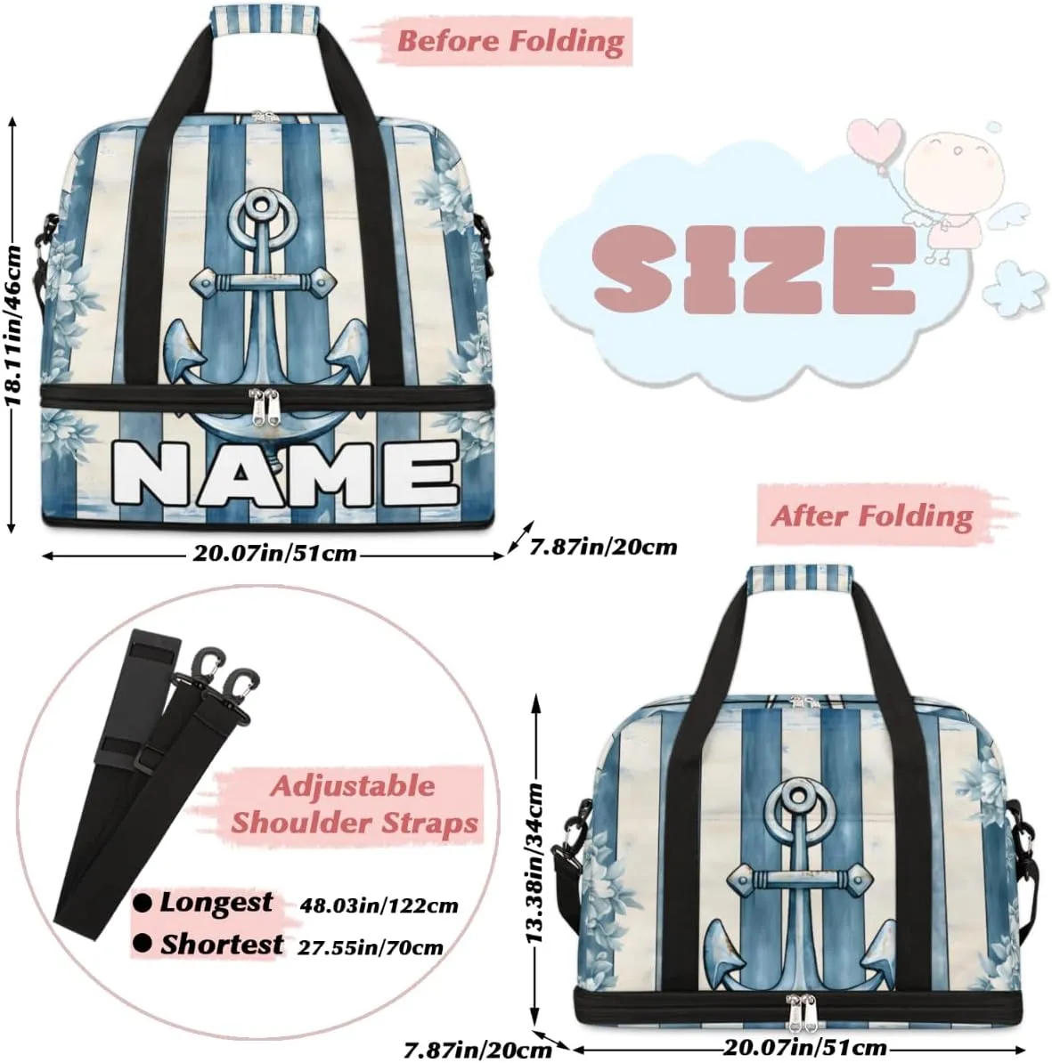 Sea Anchor Theme Custom Foldable Duffle Bag with Shoes Compartment Personalized Large Capacity Waterproof Travel Weekender Bag Overnight Bag for Sports Gym