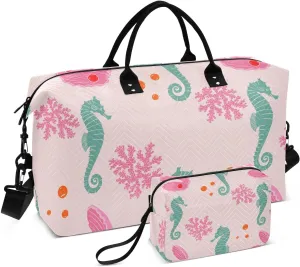 Sea Horse Corals and Shellfish Travel Duffle Bag, Large Weekender Overnight Bags for Women Men Waterproof Carry on Shoulder Tote Bags for Hospital Maternity Mommy Gym with Toiletry Bag