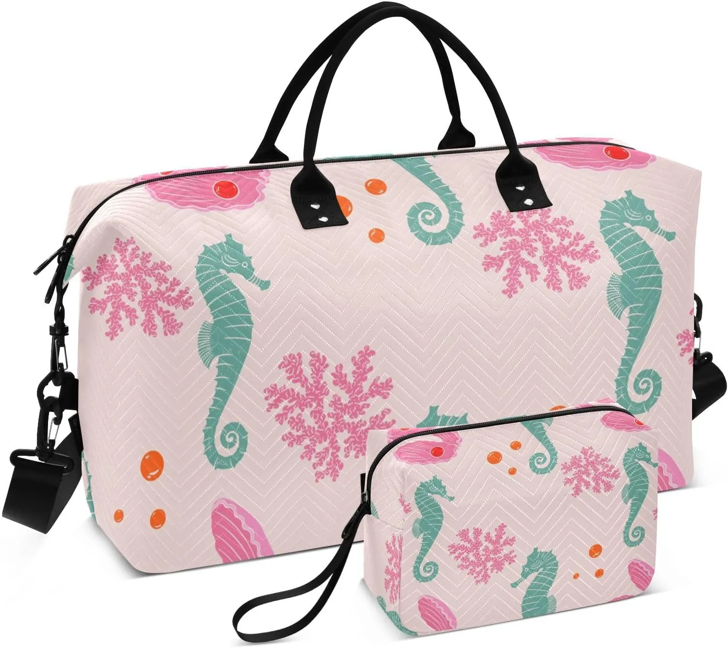 Sea Horse Corals and Shellfish Travel Duffle Bag, Large Weekender Overnight Bags for Women Men Waterproof Carry on Shoulder Tote Bags for Hospital Maternity Mommy Gym with Toiletry Bag
