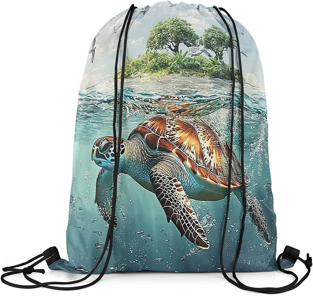Sea Turtle Drawstring Backpack,Teal Ocean Marine Life Undersea Animal 3D Print Drawstring Bag,Green Botanical Trees Draw String Bag Gym Packs Large Capacity,Lightweight