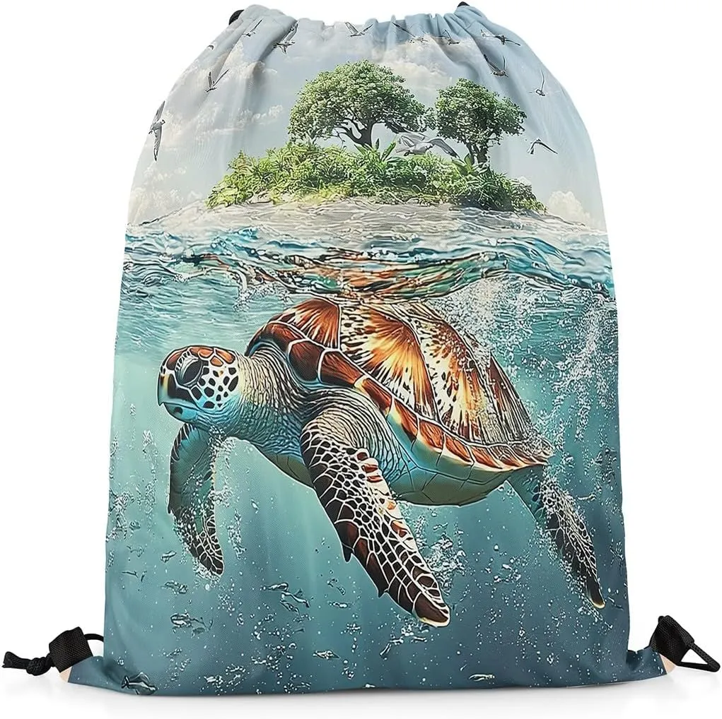 Sea Turtle Drawstring Backpack,Teal Ocean Marine Life Undersea Animal 3D Print Drawstring Bag,Green Botanical Trees Draw String Bag Gym Packs Large Capacity,Lightweight