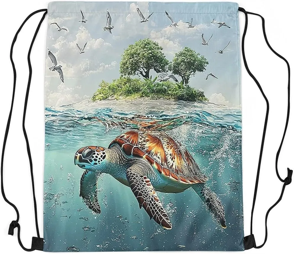 Sea Turtle Drawstring Backpack,Teal Ocean Marine Life Undersea Animal 3D Print Drawstring Bag,Green Botanical Trees Draw String Bag Gym Packs Large Capacity,Lightweight
