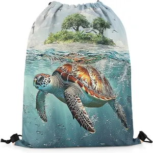 Sea Turtle Drawstring Backpack,Teal Ocean Marine Life Undersea Animal 3D Print Drawstring Bag,Green Botanical Trees Draw String Bag Gym Packs Large Capacity,Lightweight