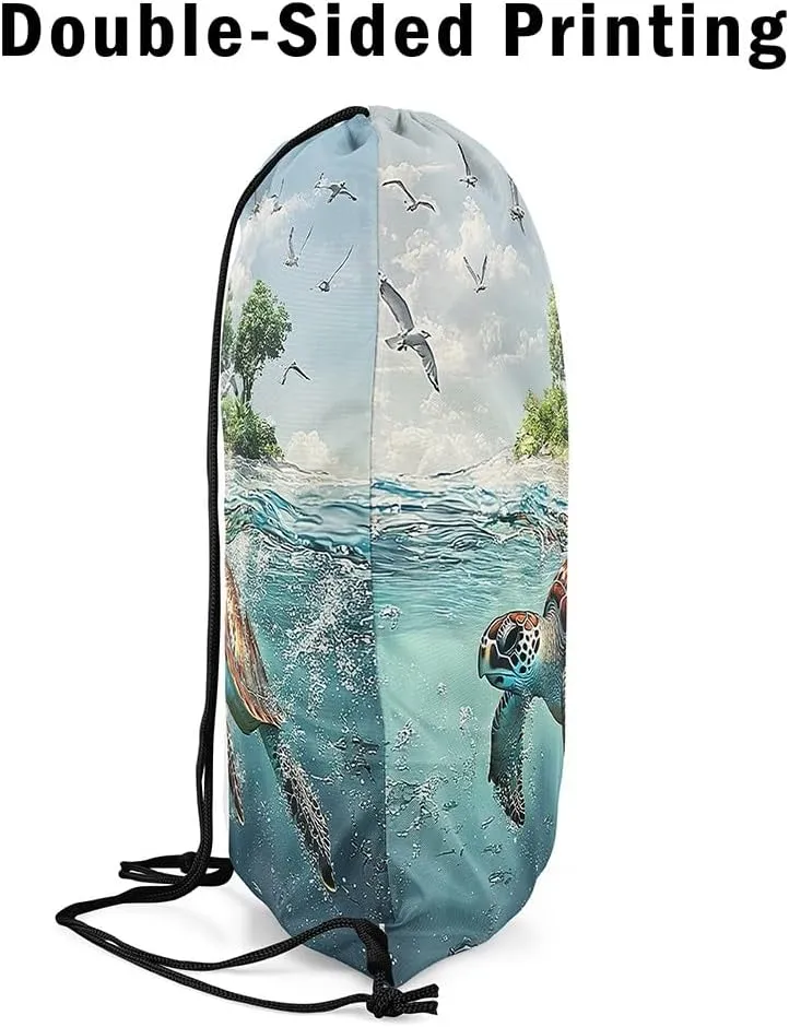 Sea Turtle Drawstring Backpack,Teal Ocean Marine Life Undersea Animal 3D Print Drawstring Bag,Green Botanical Trees Draw String Bag Gym Packs Large Capacity,Lightweight