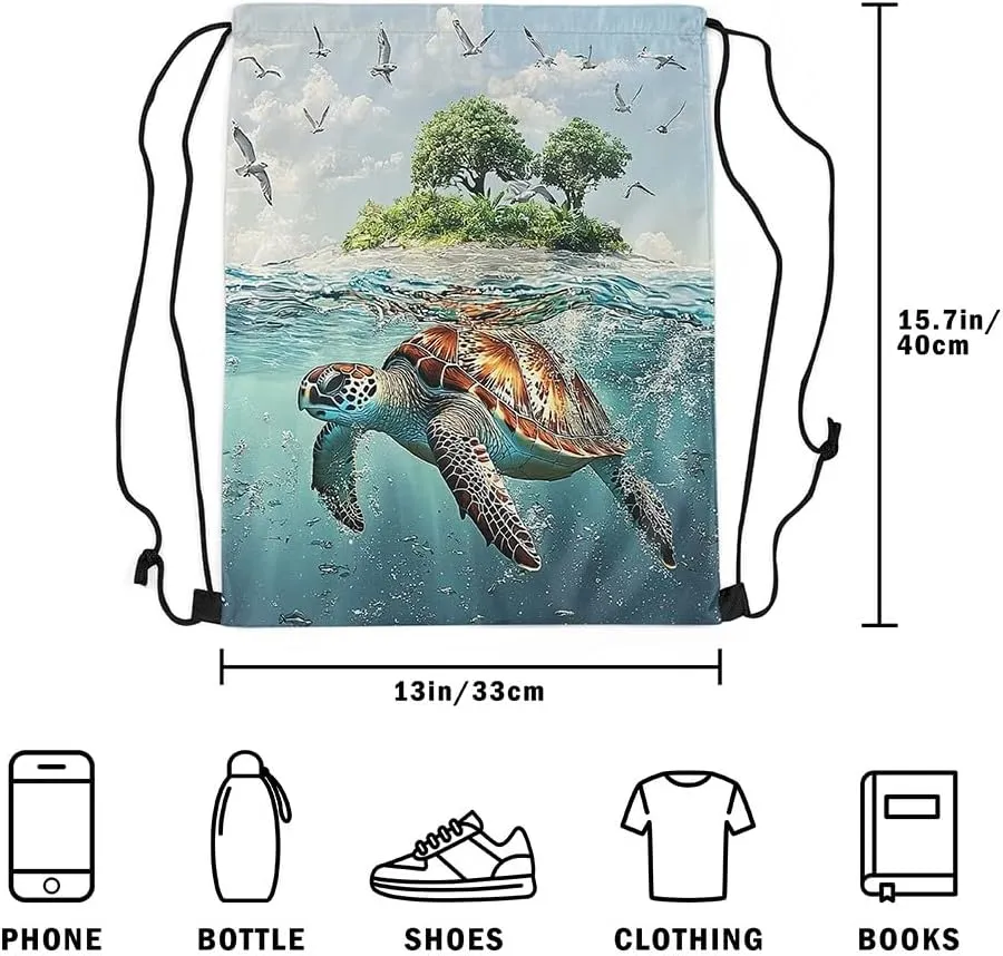 Sea Turtle Drawstring Backpack,Teal Ocean Marine Life Undersea Animal 3D Print Drawstring Bag,Green Botanical Trees Draw String Bag Gym Packs Large Capacity,Lightweight
