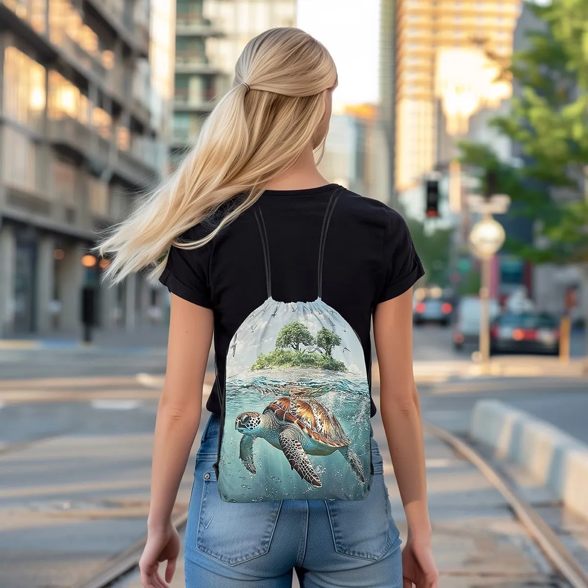 Sea Turtle Drawstring Backpack,Teal Ocean Marine Life Undersea Animal 3D Print Drawstring Bag,Green Botanical Trees Draw String Bag Gym Packs Large Capacity,Lightweight