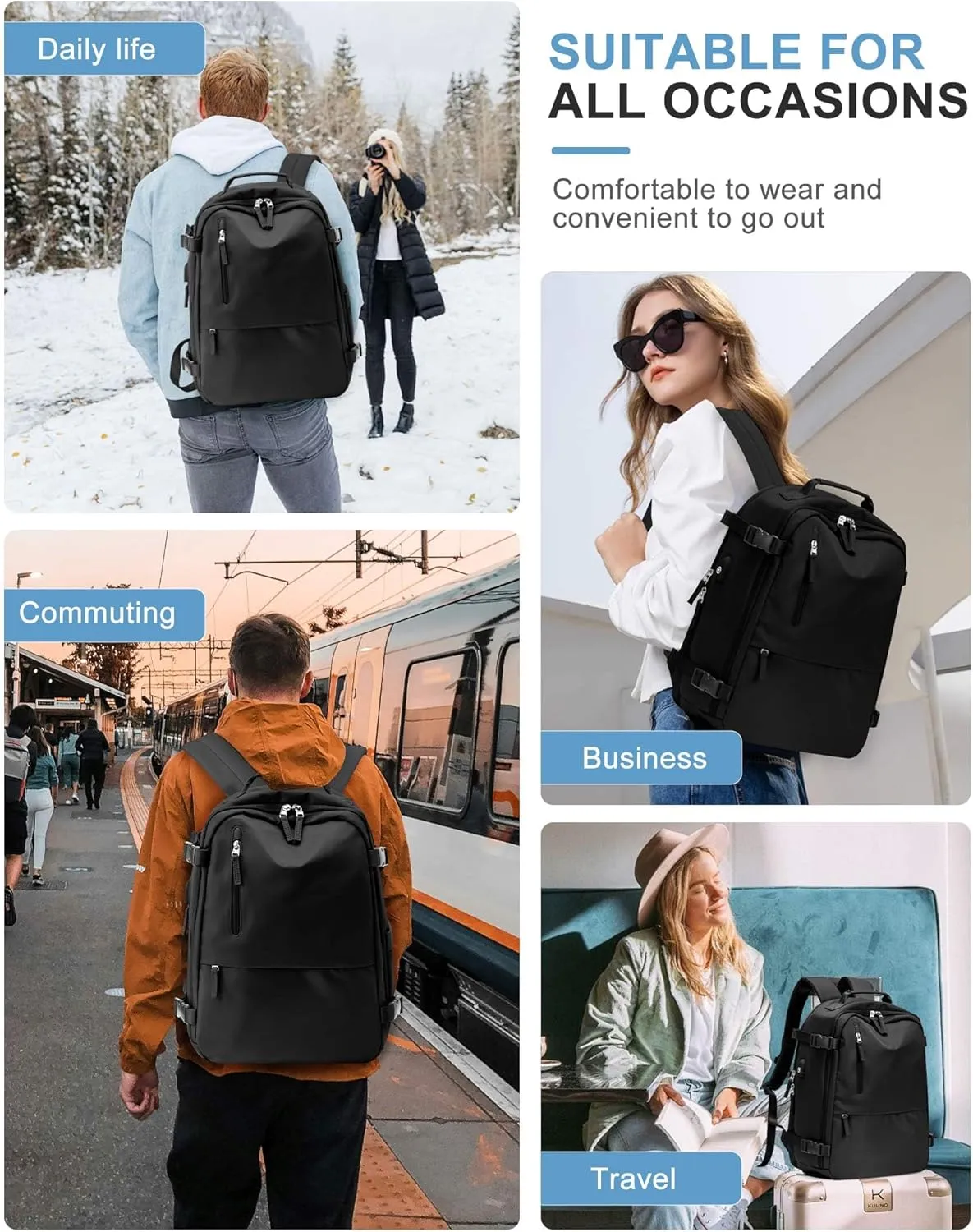 SEAFEW Travel Backpack for Women Men, Carry On Backpack with USB Charging Port & Shoe Pouch, TSA 15.6inch, Flight Approved, College Nurse Bag Casual Laptop Daypack for Weekender Business Hiking,Black