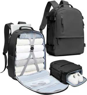 SEAFEW Travel Backpack for Women Men, Carry On Backpack with USB Charging Port & Shoe Pouch, TSA 15.6inch, Flight Approved, College Nurse Bag Casual Laptop Daypack for Weekender Business Hiking,Black