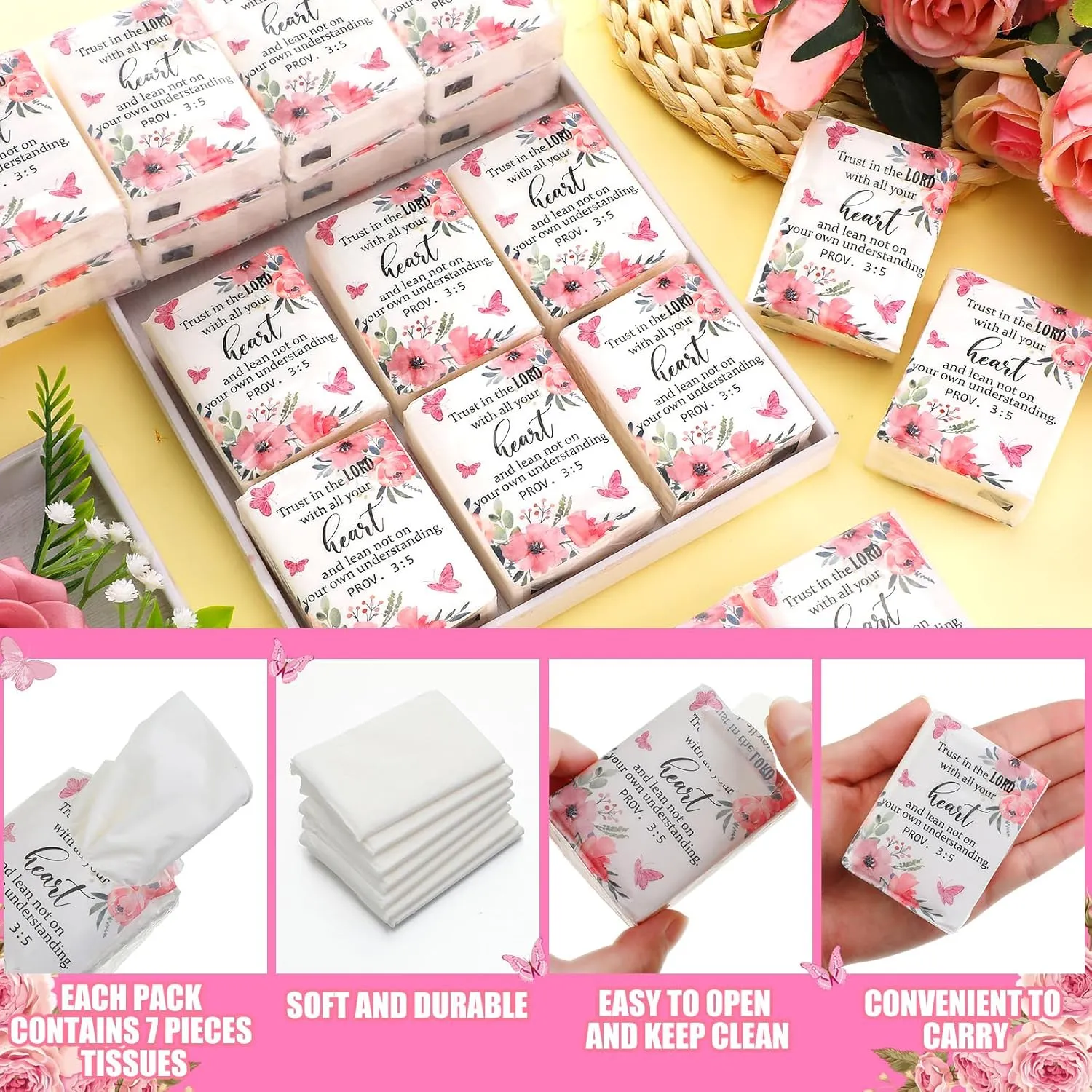 Seajan 120 Pack Bible Travel Size Tissue Bulk 4 Ply Christian Pocket Tissue with Bible Verse Mini Facial Tissue Small Individual Tissue for Home Bag Pocket Car Wedding Homeless Gifts (Elegant Style)