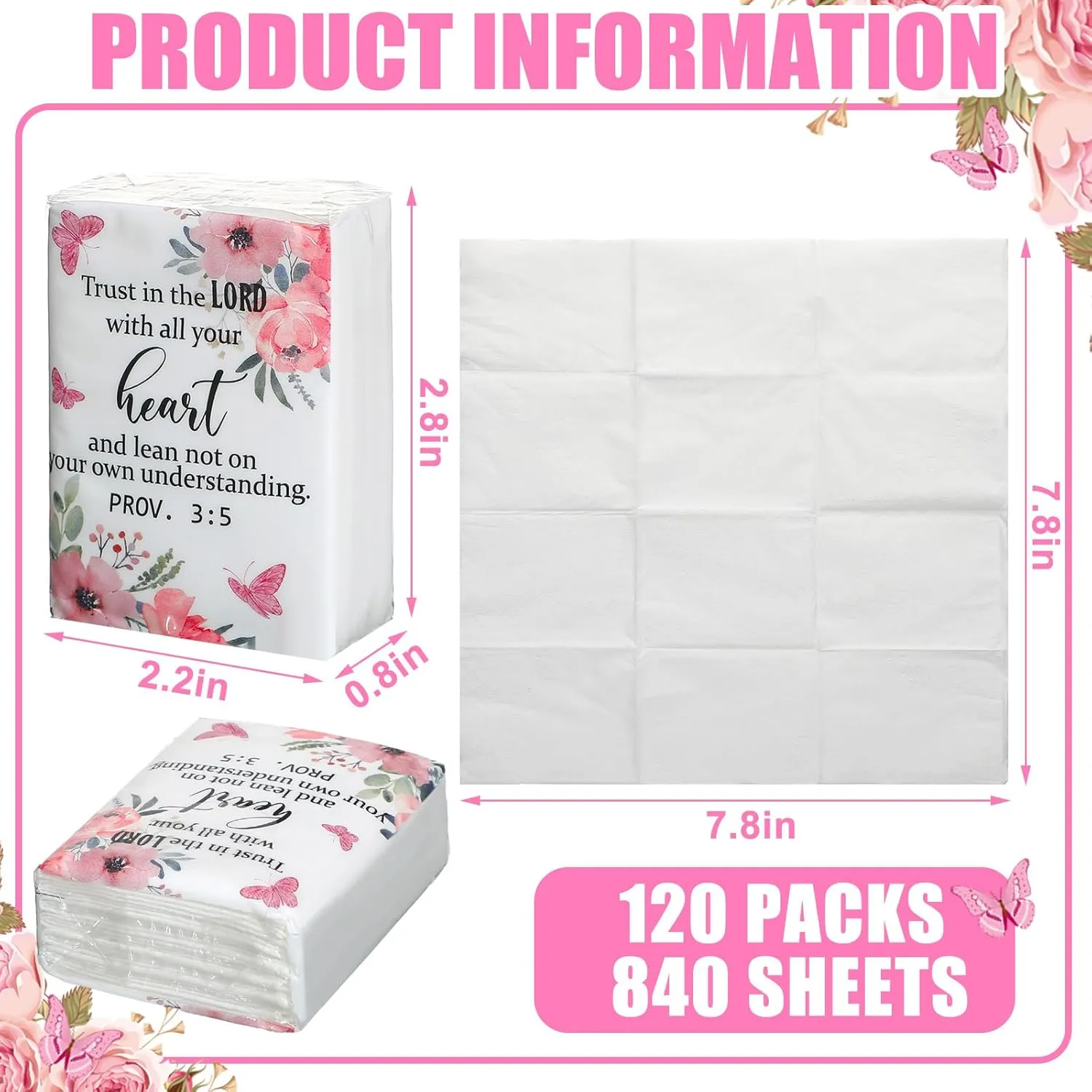 Seajan 120 Pack Bible Travel Size Tissue Bulk 4 Ply Christian Pocket Tissue with Bible Verse Mini Facial Tissue Small Individual Tissue for Home Bag Pocket Car Wedding Homeless Gifts (Elegant Style)