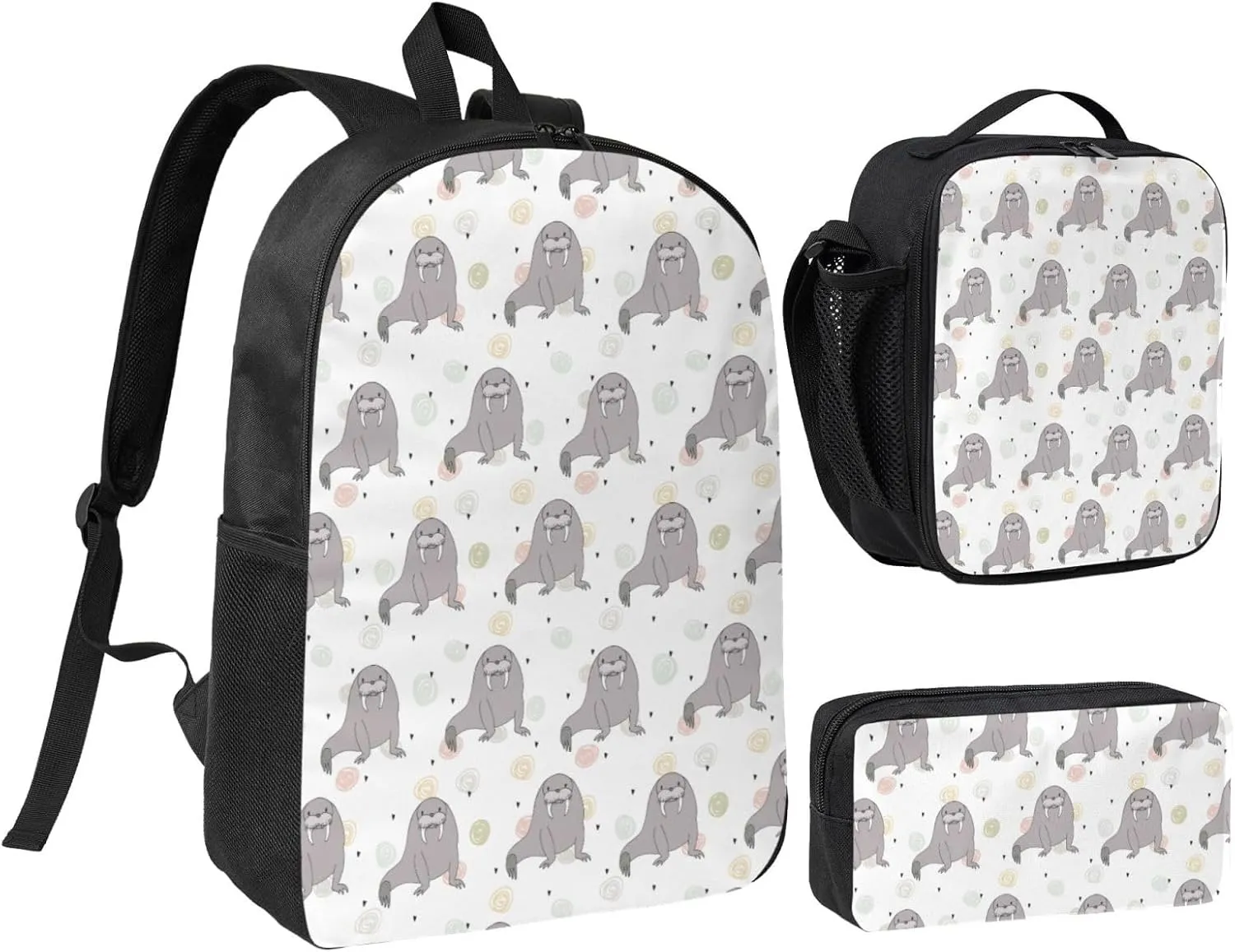 Seal and Walrus Pattern Backpack Set Lightweight Laptop Backpack Lunch Bag with Pencil Case for Women Men Travel Work