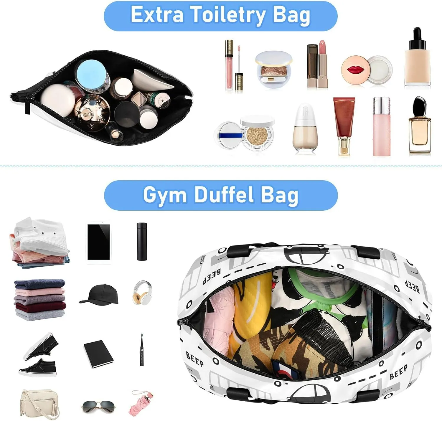 Seamless Black Cartoon Cars, Road Hatches, Zebra Crossing on White Foldable Travel Bag, Camping Luggage bag, Portable Gym Bag, Sports Bag, Toiletry Bag with Handles Adjustable Shoulder Strap