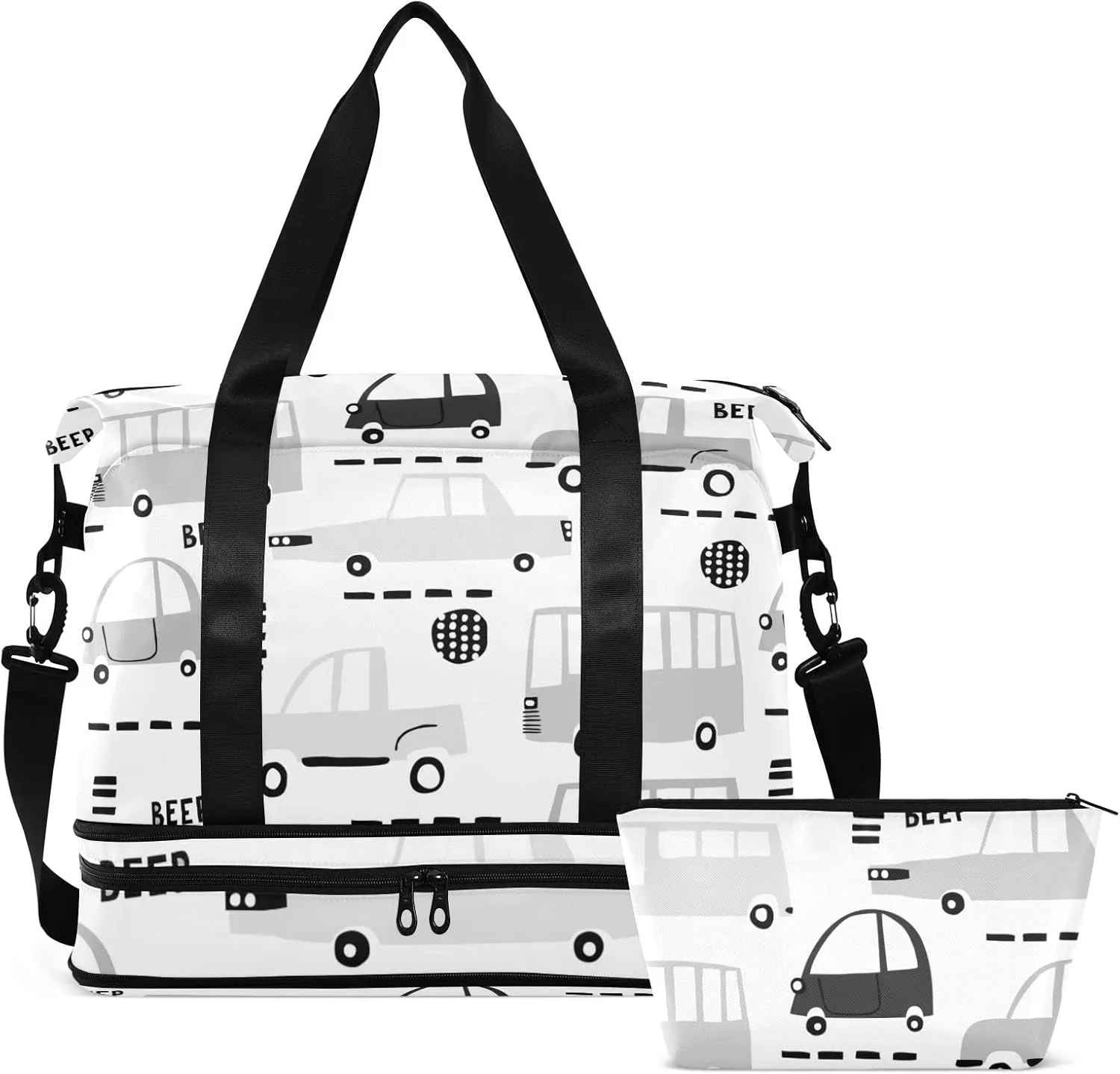 Seamless Black Cartoon Cars, Road Hatches, Zebra Crossing on White Foldable Travel Bag, Camping Luggage bag, Portable Gym Bag, Sports Bag, Toiletry Bag with Handles Adjustable Shoulder Strap