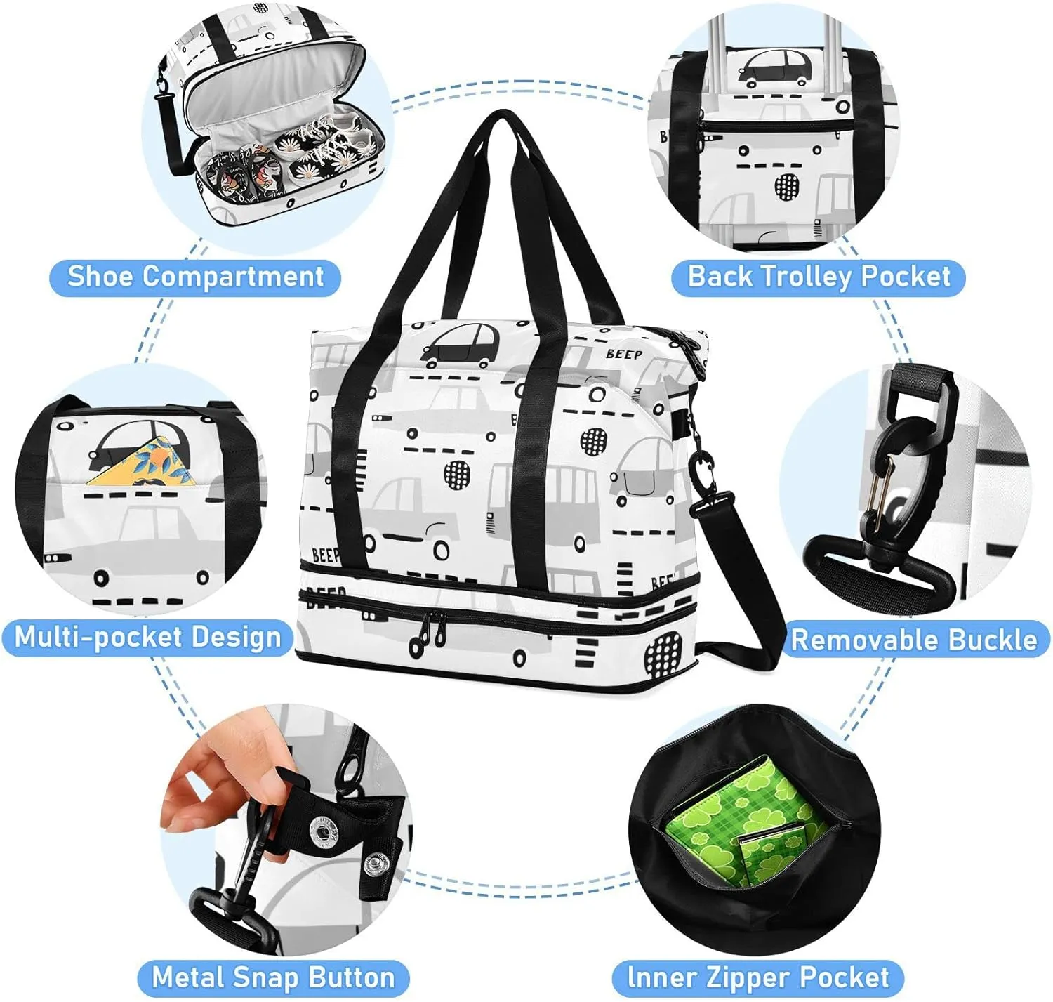 Seamless Black Cartoon Cars, Road Hatches, Zebra Crossing on White Foldable Travel Bag, Camping Luggage bag, Portable Gym Bag, Sports Bag, Toiletry Bag with Handles Adjustable Shoulder Strap
