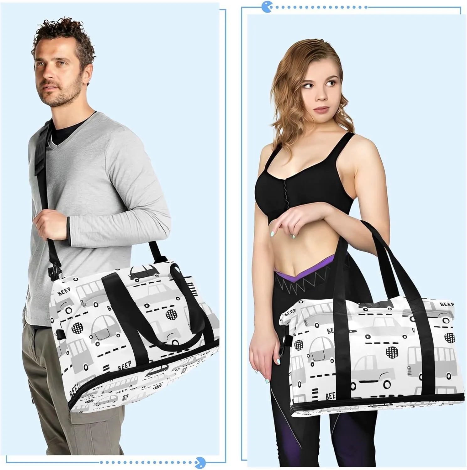 Seamless Black Cartoon Cars, Road Hatches, Zebra Crossing on White Foldable Travel Bag, Camping Luggage bag, Portable Gym Bag, Sports Bag, Toiletry Bag with Handles Adjustable Shoulder Strap