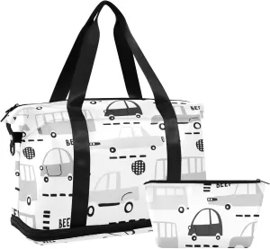 Seamless Black Cartoon Cars, Road Hatches, Zebra Crossing on White Foldable Travel Bag, Camping Luggage bag, Portable Gym Bag, Sports Bag, Toiletry Bag with Handles Adjustable Shoulder Strap