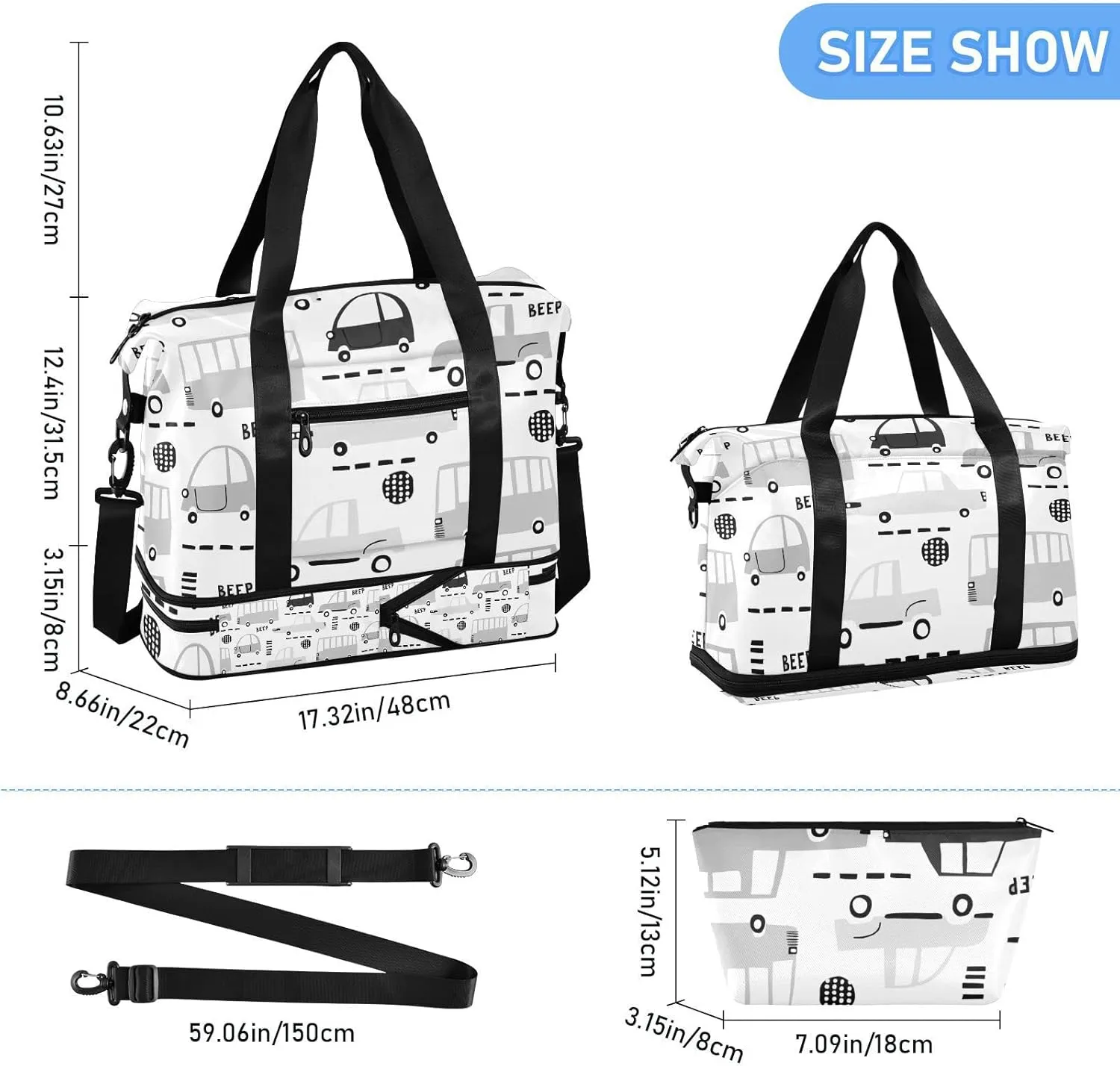 Seamless Black Cartoon Cars, Road Hatches, Zebra Crossing on White Foldable Travel Bag, Camping Luggage bag, Portable Gym Bag, Sports Bag, Toiletry Bag with Handles Adjustable Shoulder Strap