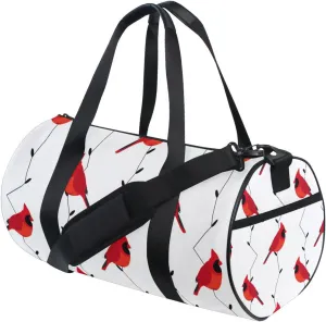 Seamless Branches with Red Cardinal Birds and Lamps Lights on White Duffel Bag, Foldable Canvas Travel Tote for Gym Sports with Inner Pockets, Durable Lightweight Fitness Bag for Overnight Workout