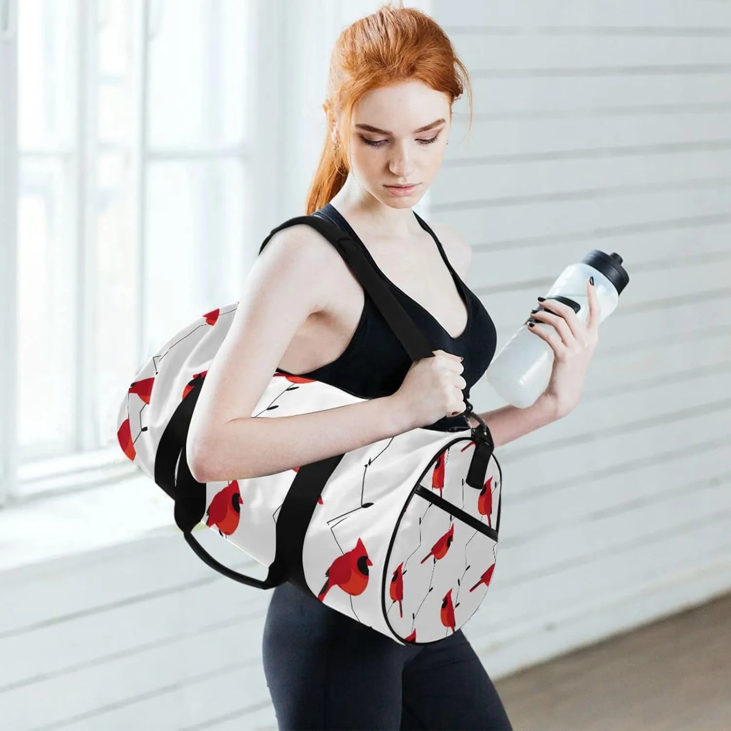 Seamless Branches with Red Cardinal Birds and Lamps Lights on White Duffel Bag, Foldable Canvas Travel Tote for Gym Sports with Inner Pockets, Durable Lightweight Fitness Bag for Overnight Workout