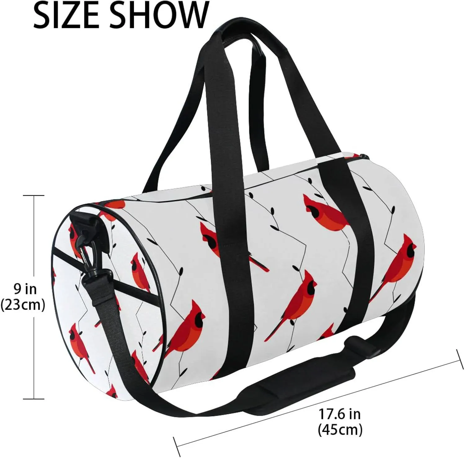 Seamless Branches with Red Cardinal Birds and Lamps Lights on White Duffel Bag, Foldable Canvas Travel Tote for Gym Sports with Inner Pockets, Durable Lightweight Fitness Bag for Overnight Workout