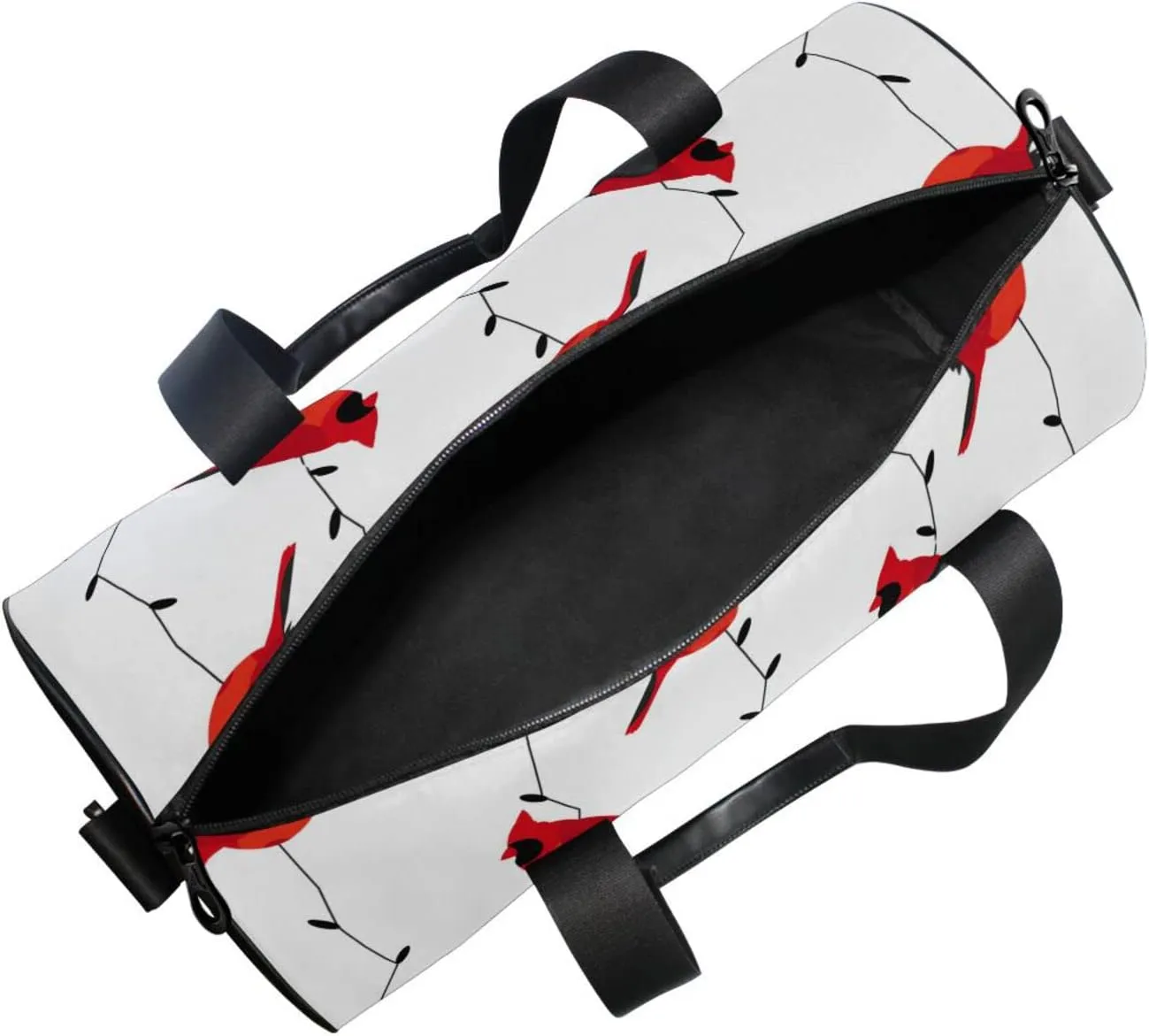 Seamless Branches with Red Cardinal Birds and Lamps Lights on White Duffel Bag, Foldable Canvas Travel Tote for Gym Sports with Inner Pockets, Durable Lightweight Fitness Bag for Overnight Workout