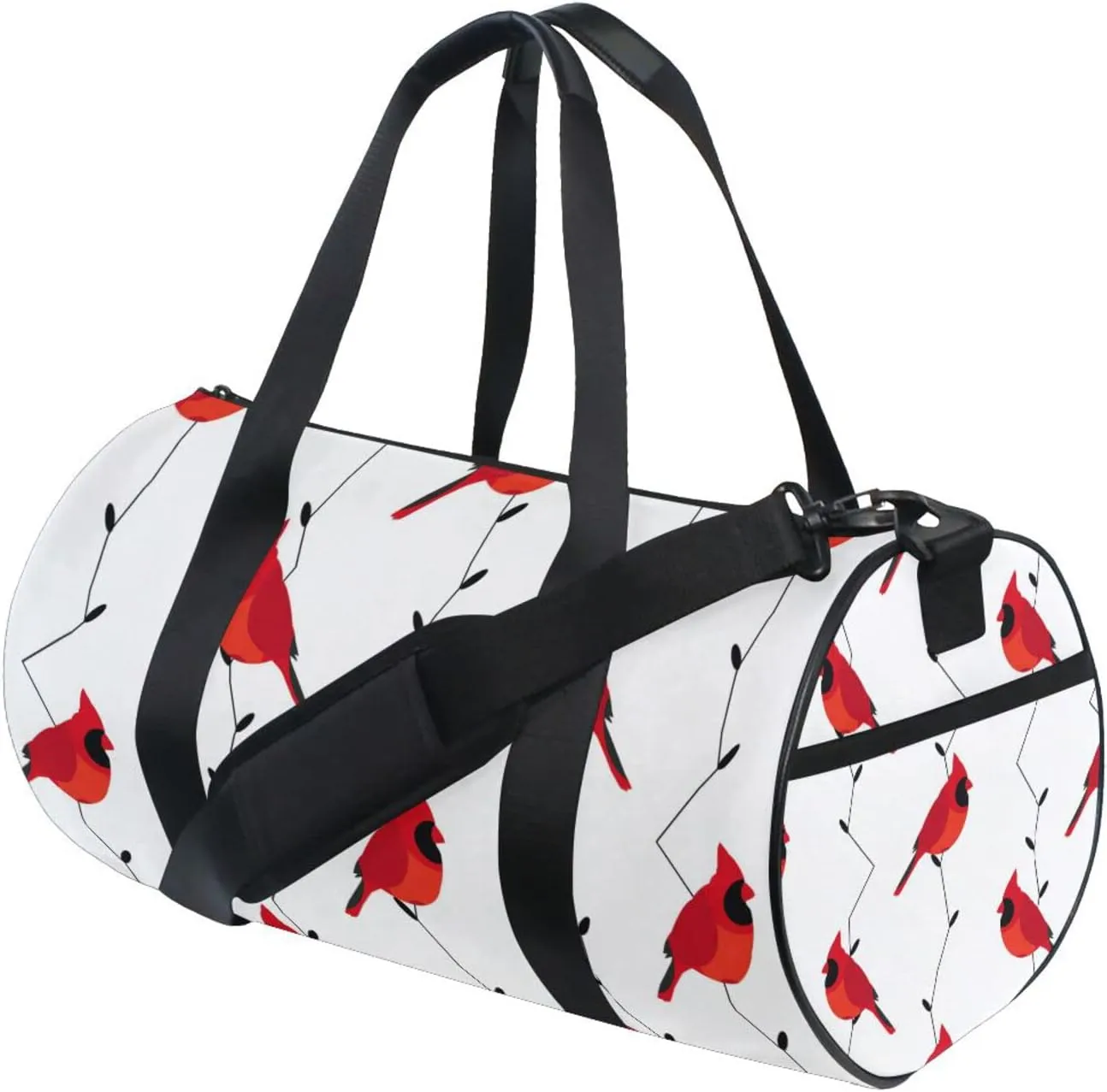 Seamless Branches with Red Cardinal Birds and Lamps Lights on White Duffel Bag, Foldable Canvas Travel Tote for Gym Sports with Inner Pockets, Durable Lightweight Fitness Bag for Overnight Workout