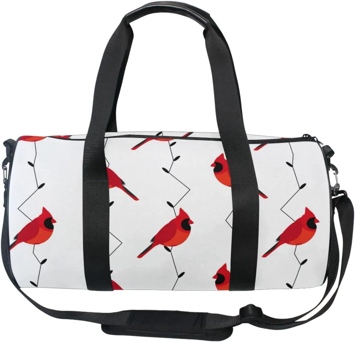 Seamless Branches with Red Cardinal Birds and Lamps Lights on White Duffel Bag, Foldable Canvas Travel Tote for Gym Sports with Inner Pockets, Durable Lightweight Fitness Bag for Overnight Workout