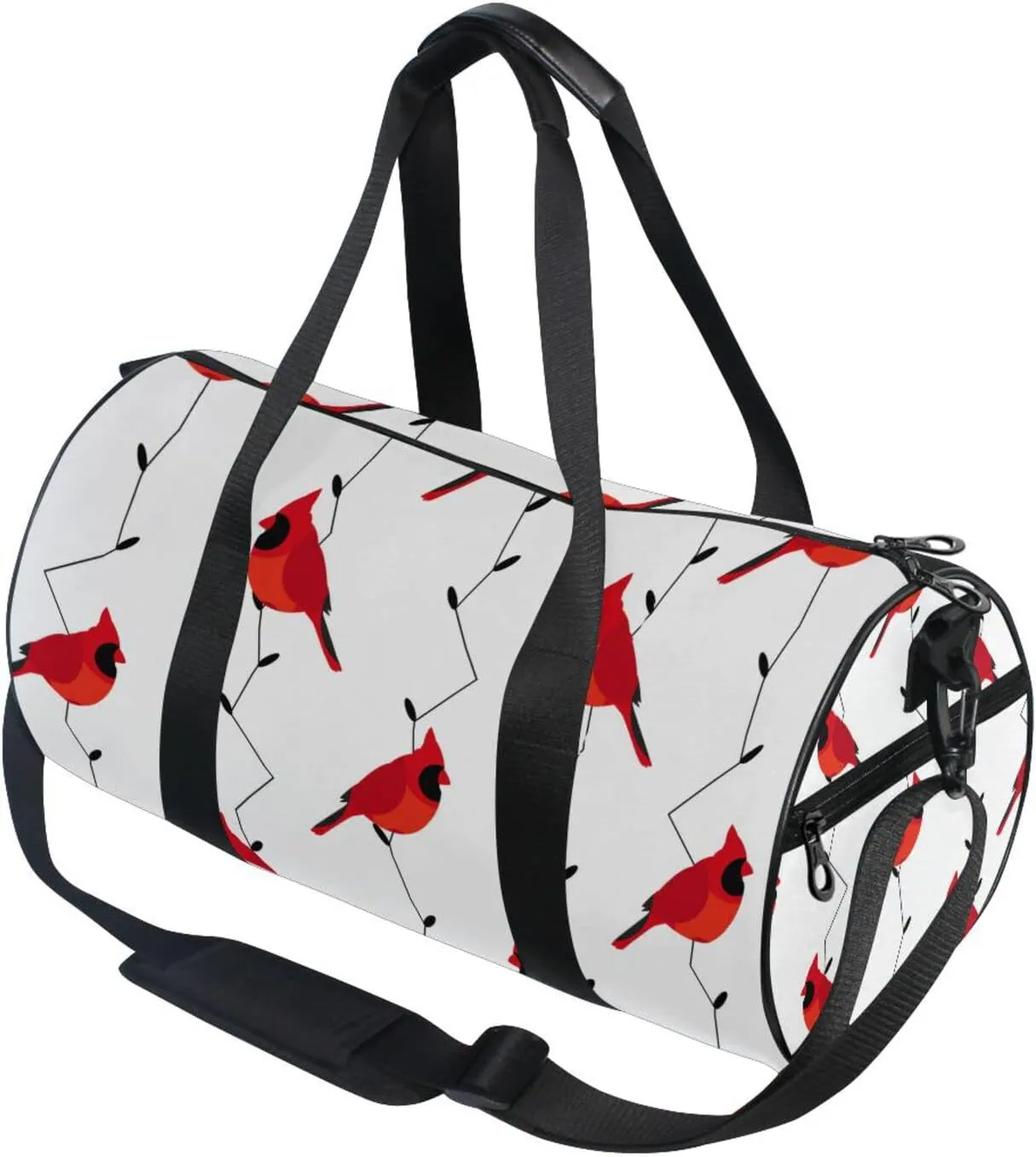 Seamless Branches with Red Cardinal Birds and Lamps Lights on White Duffel Bag, Foldable Canvas Travel Tote for Gym Sports with Inner Pockets, Durable Lightweight Fitness Bag for Overnight Workout