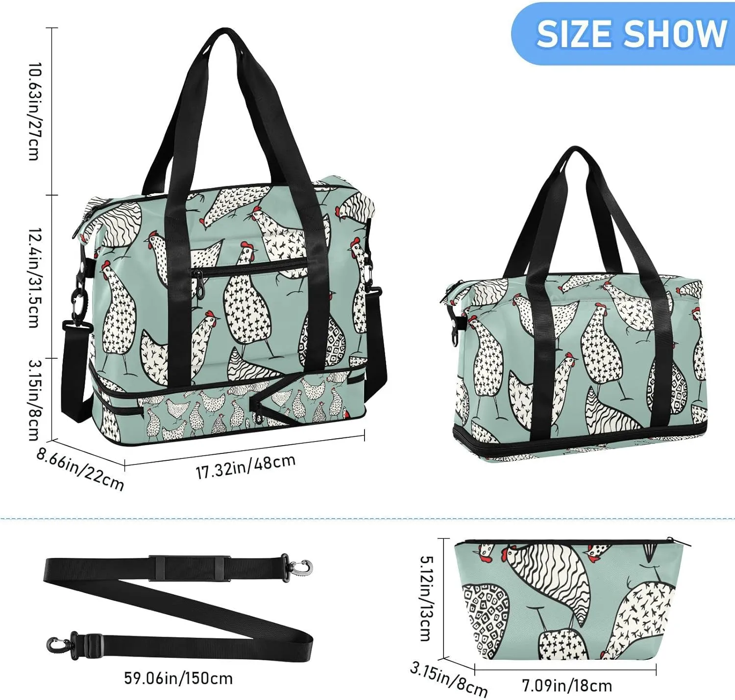 Seamless Hand Drawn White Chickens on Turquoise Foldable Travel Bag, Camping Luggage bag, Portable Gym Bag, Sports Bag, Toiletry Bag with Handles Adjustable Shoulder Strap