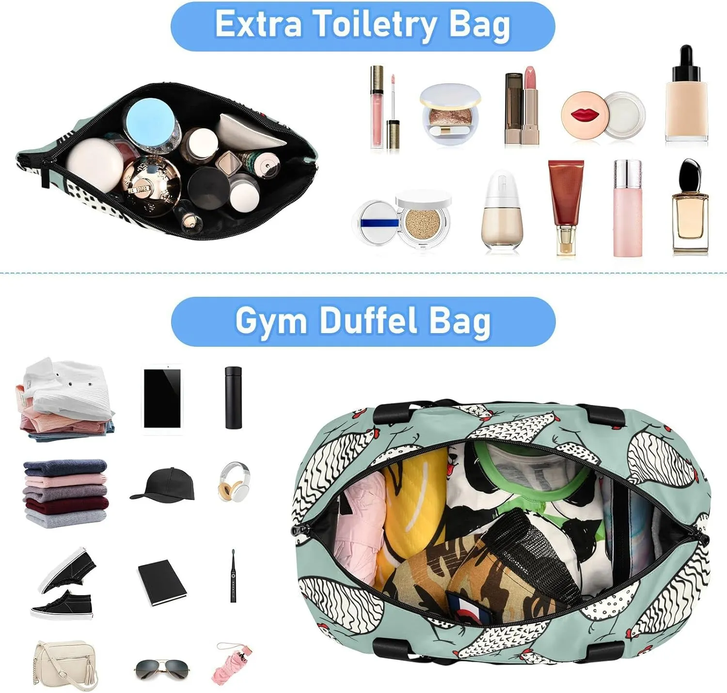 Seamless Hand Drawn White Chickens on Turquoise Foldable Travel Bag, Camping Luggage bag, Portable Gym Bag, Sports Bag, Toiletry Bag with Handles Adjustable Shoulder Strap